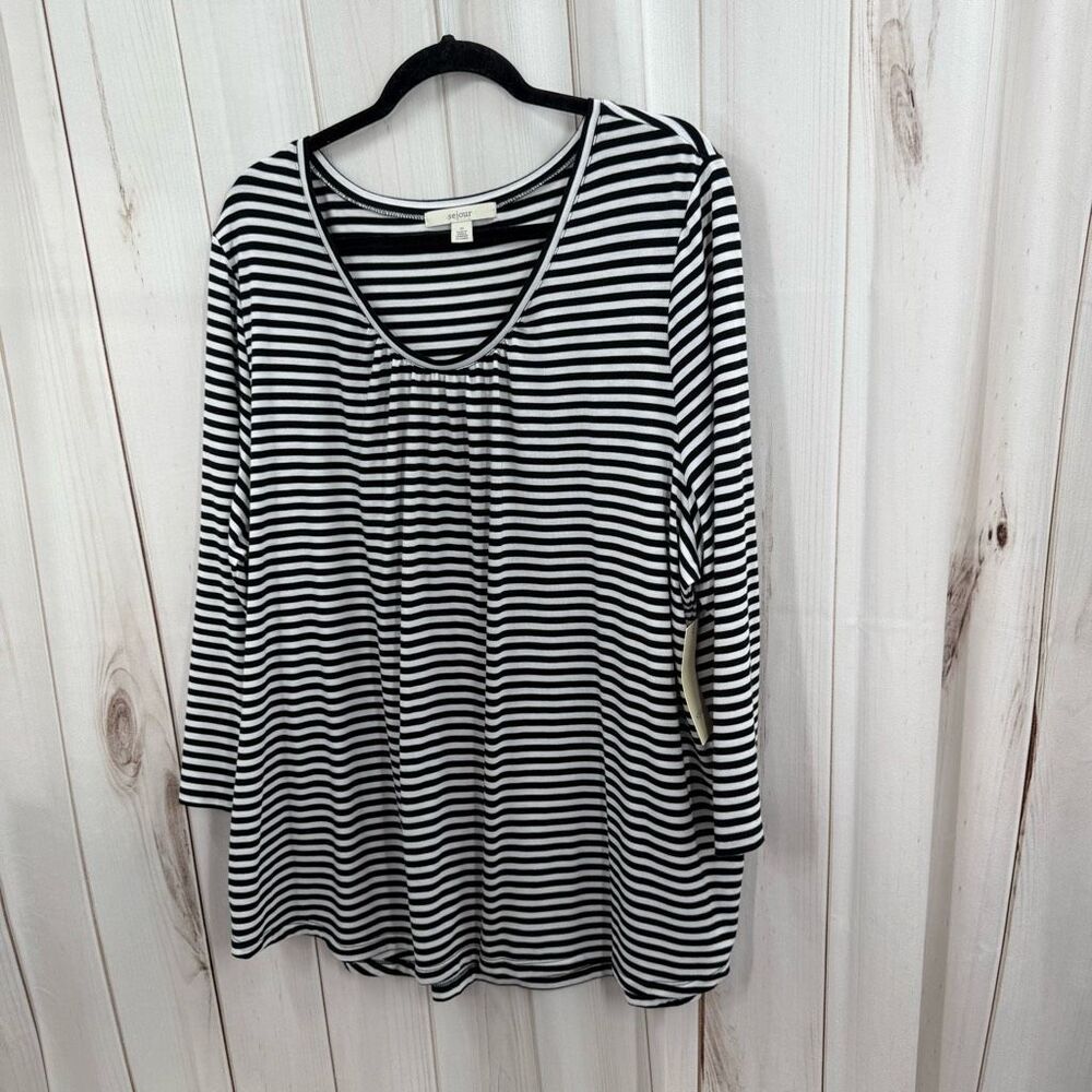 Sejour Women’s 3X Black Elodie White Striped Longsleeve Tee New Plus Size